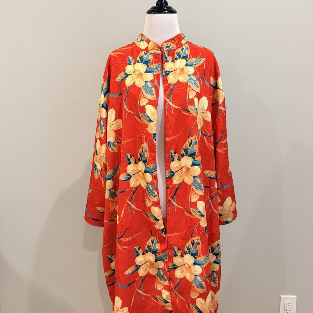 Vintage 1970s Mrs. Roper Red Floral Caftan Muumuu Dress Zip Front Plus Size 1X - Picture 8 of 13